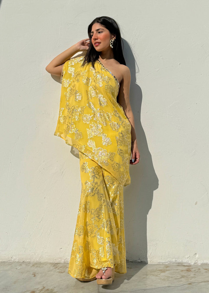 One shoulder Yellow kurta set