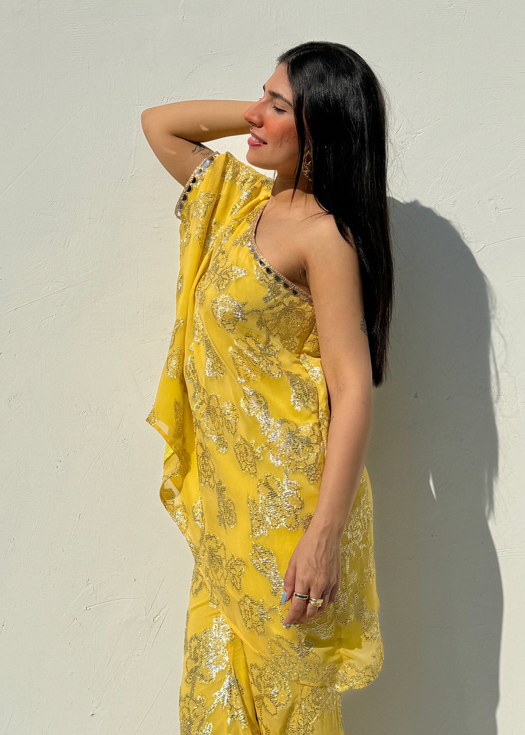 One shoulder Yellow kurta set