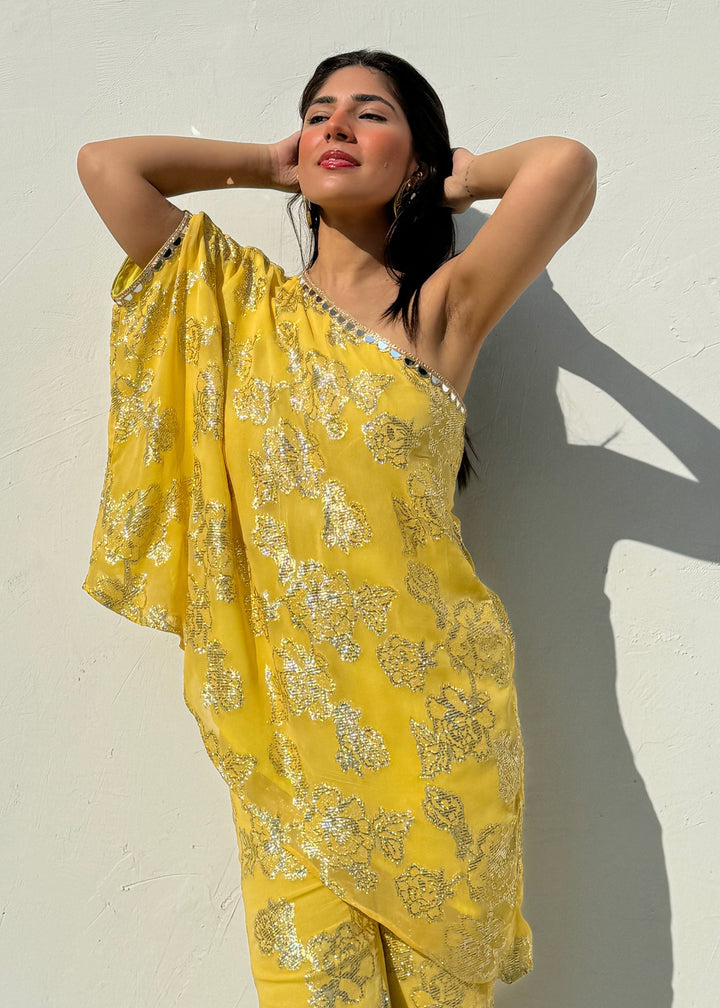 One shoulder Yellow kurta set