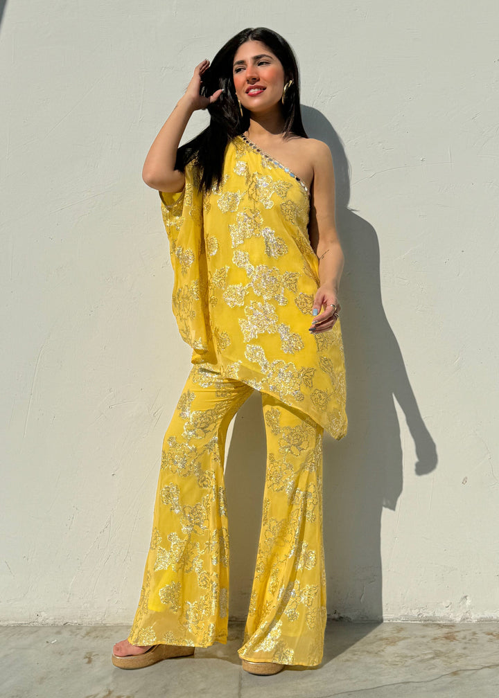 One shoulder Yellow kurta set