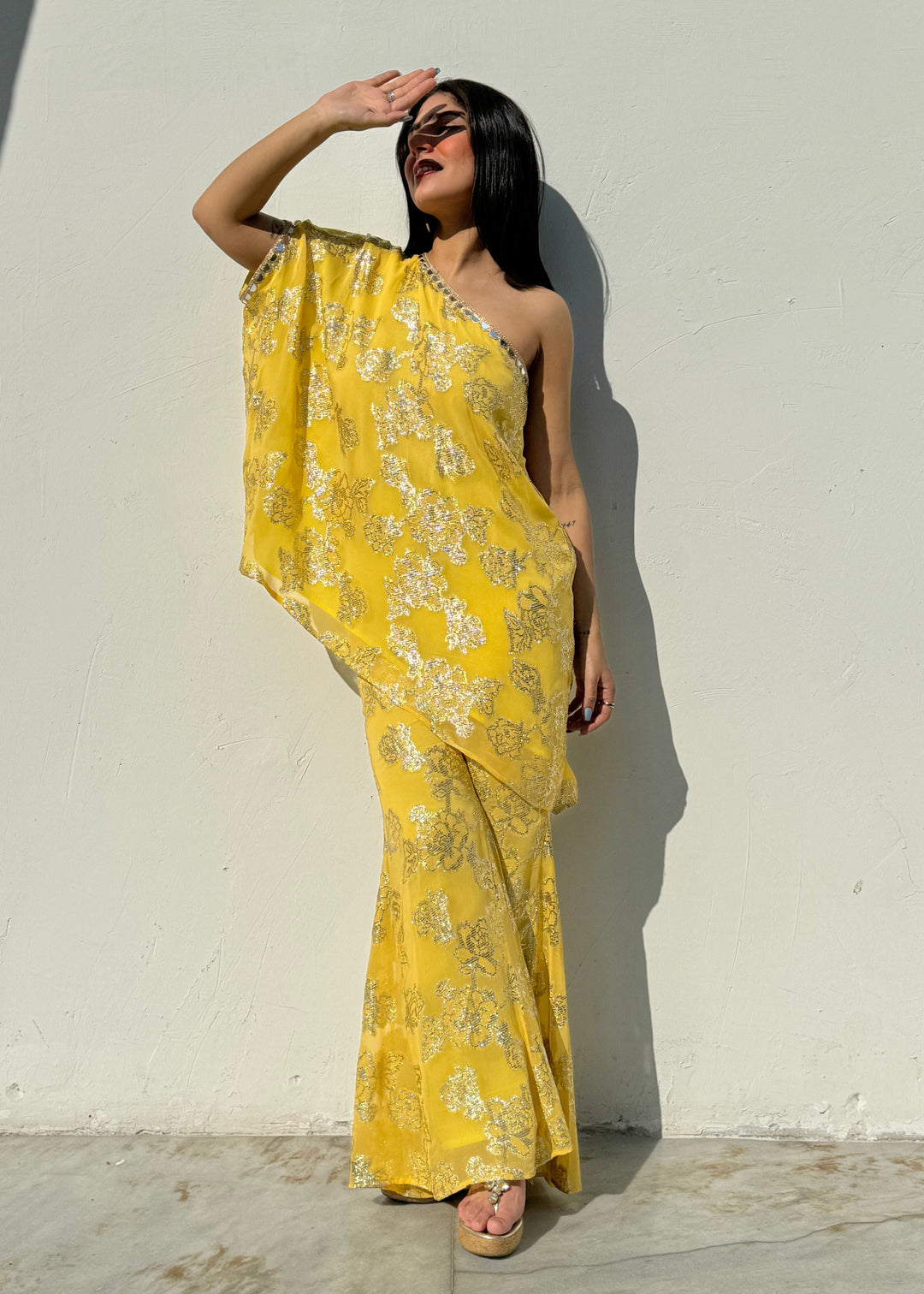 One shoulder Yellow kurta set