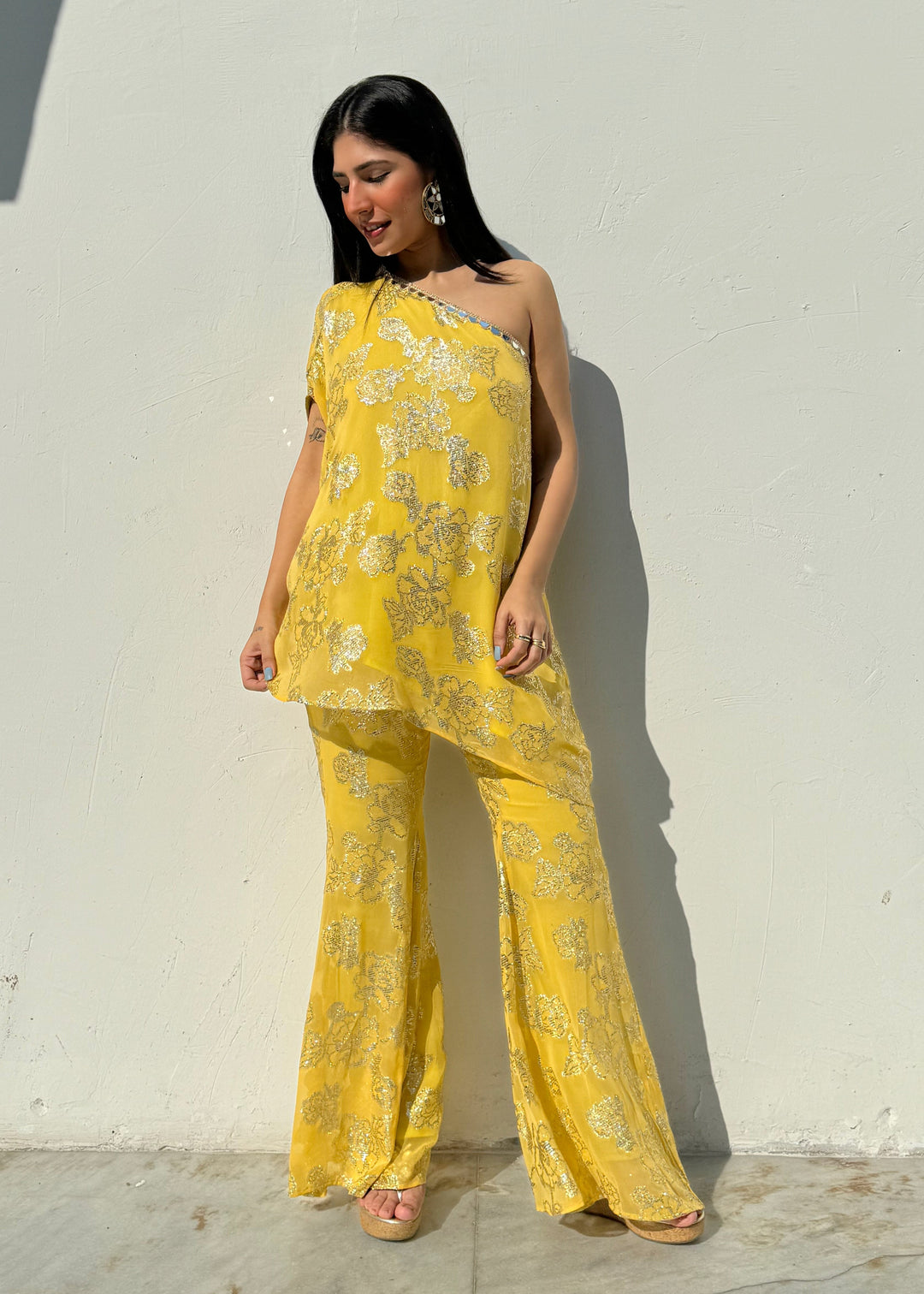 One shoulder Yellow kurta set