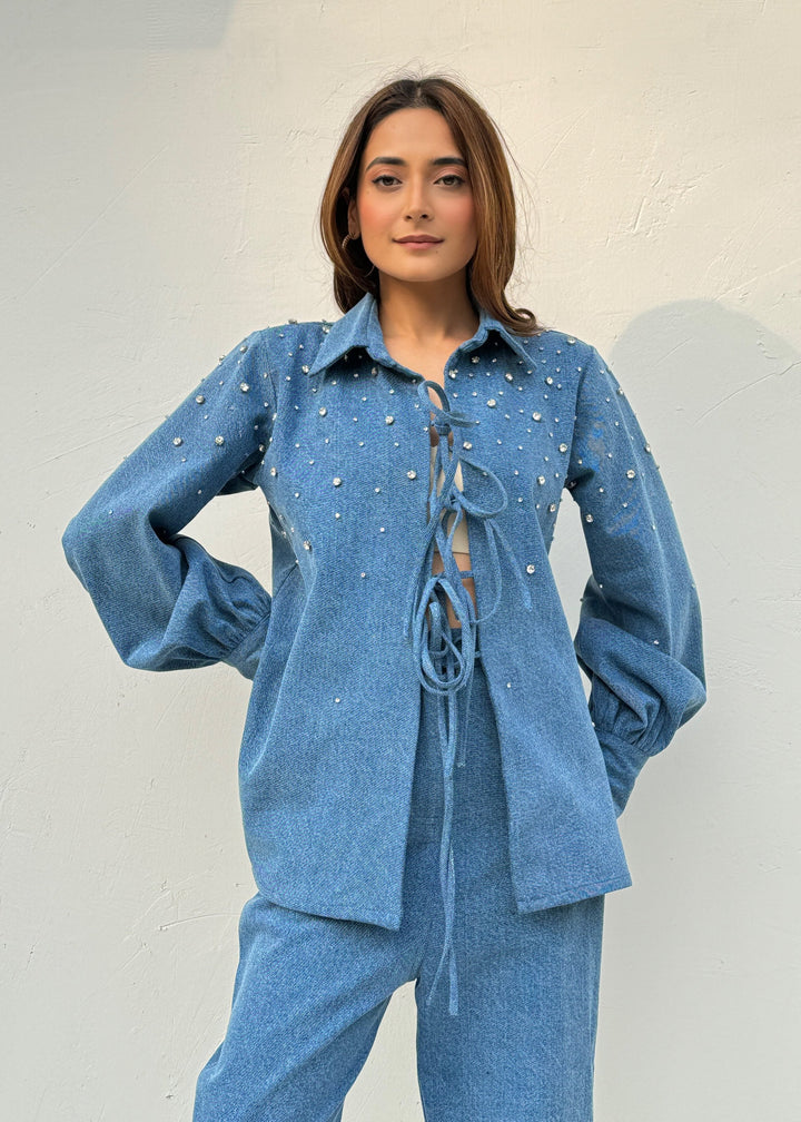 Blue Denim Tie Up Co-ord with Swarovski