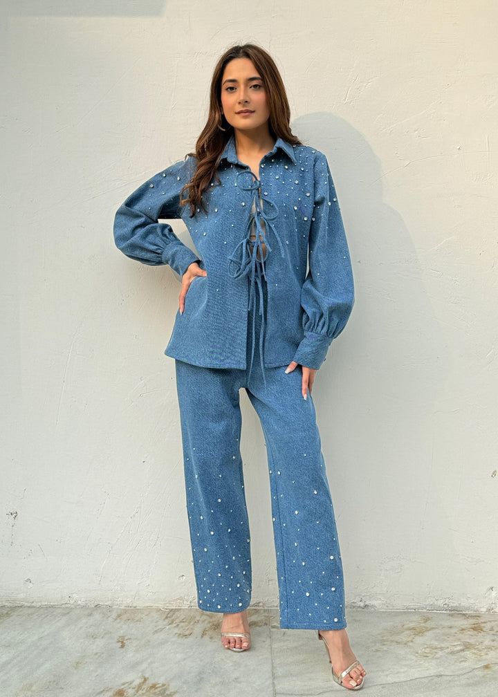 Blue Denim Tie Up Co-ord with Swarovski