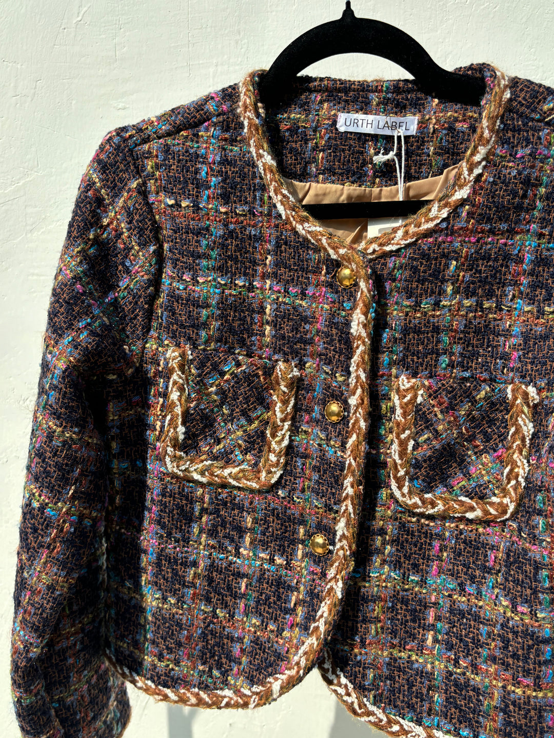 Dark blue with multi coloured check tweed jacket