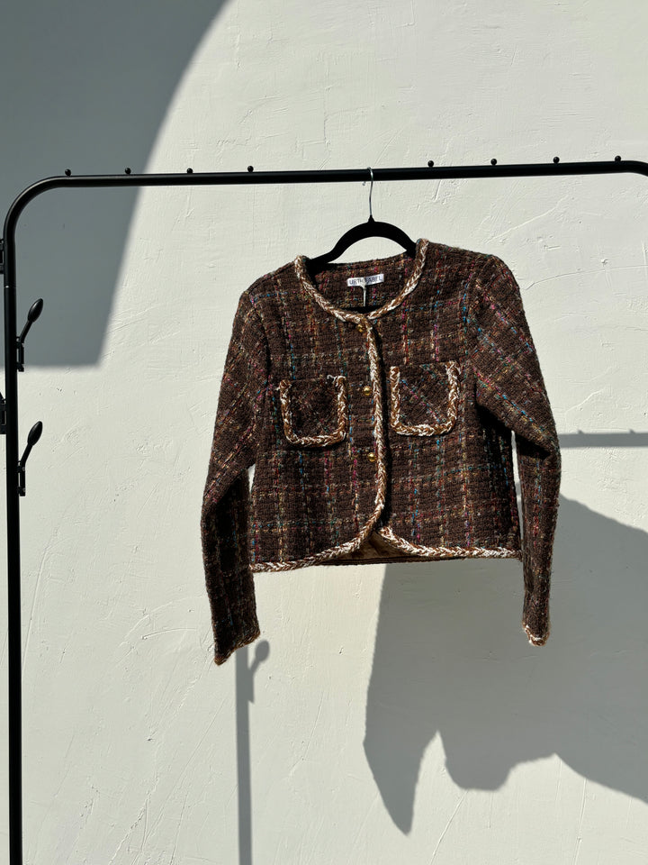 Brown with multi coloured check tweed jacket