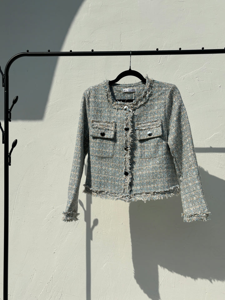 Pastel blue and white tweed jacket