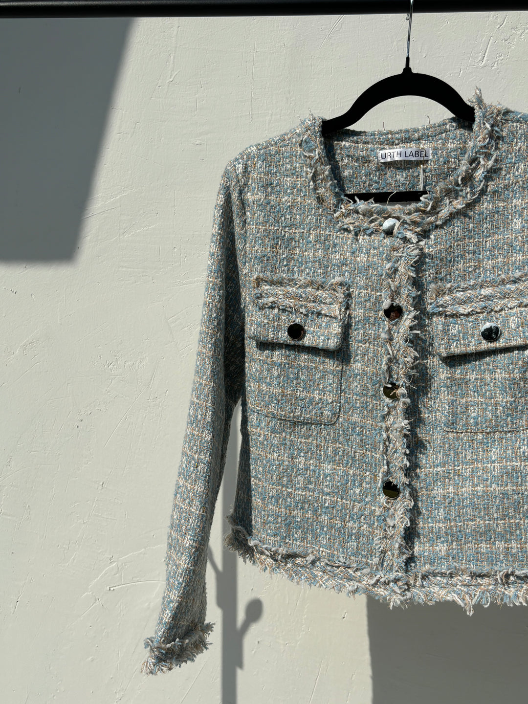 Pastel blue and white tweed jacket