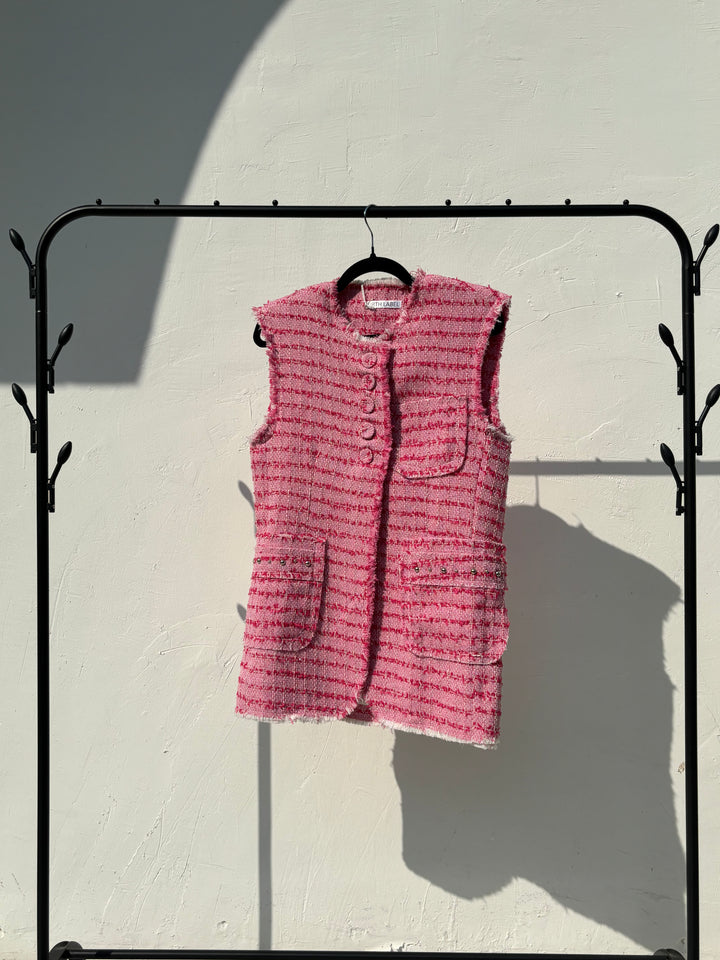 Pink sleeveless tweed jacket