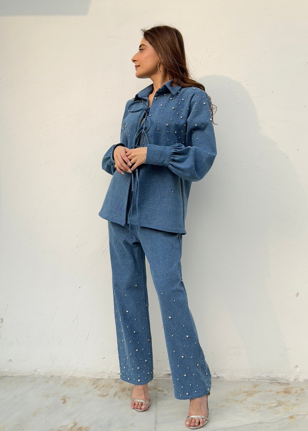 Blue Denim Tie Up Co-ord with Swarovski