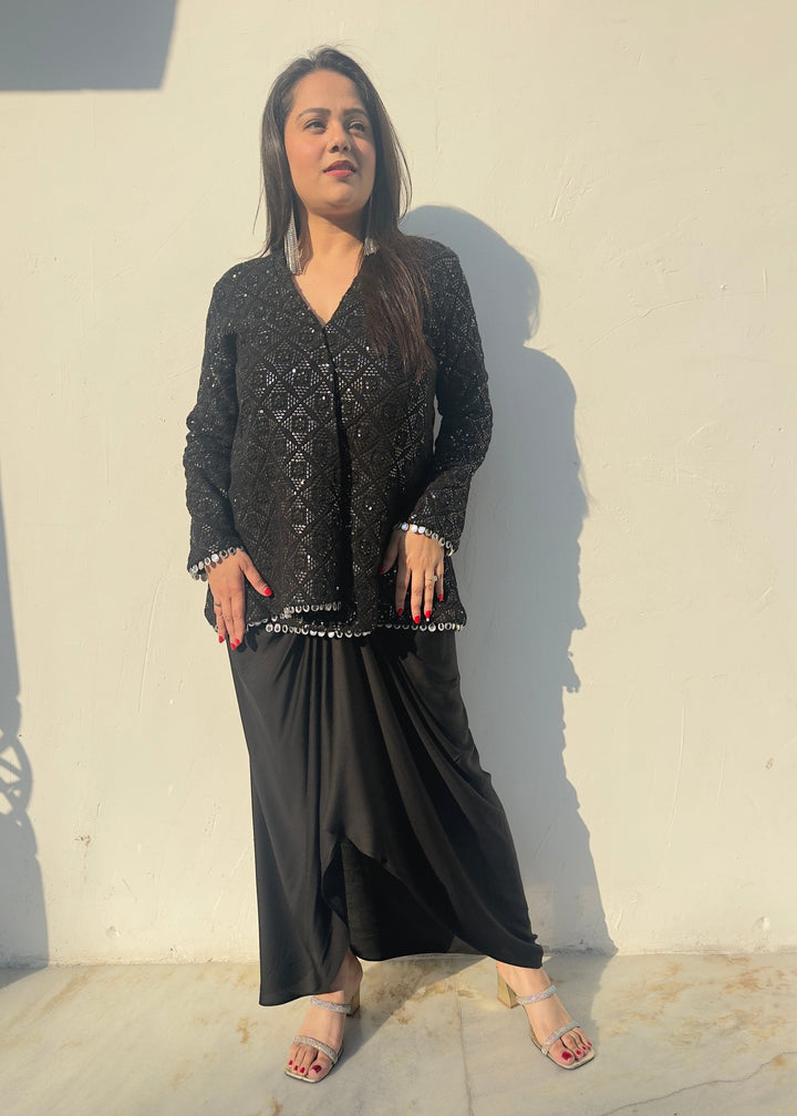 Assymetrical Jacket dhoti skirt Set - Black